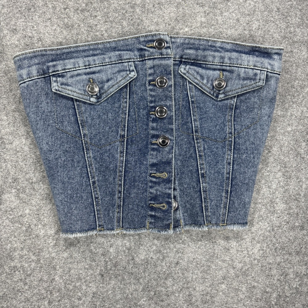 Timing Blue Denim Tube Crop Top Button Down Smocked Back WD8885 Small NWT